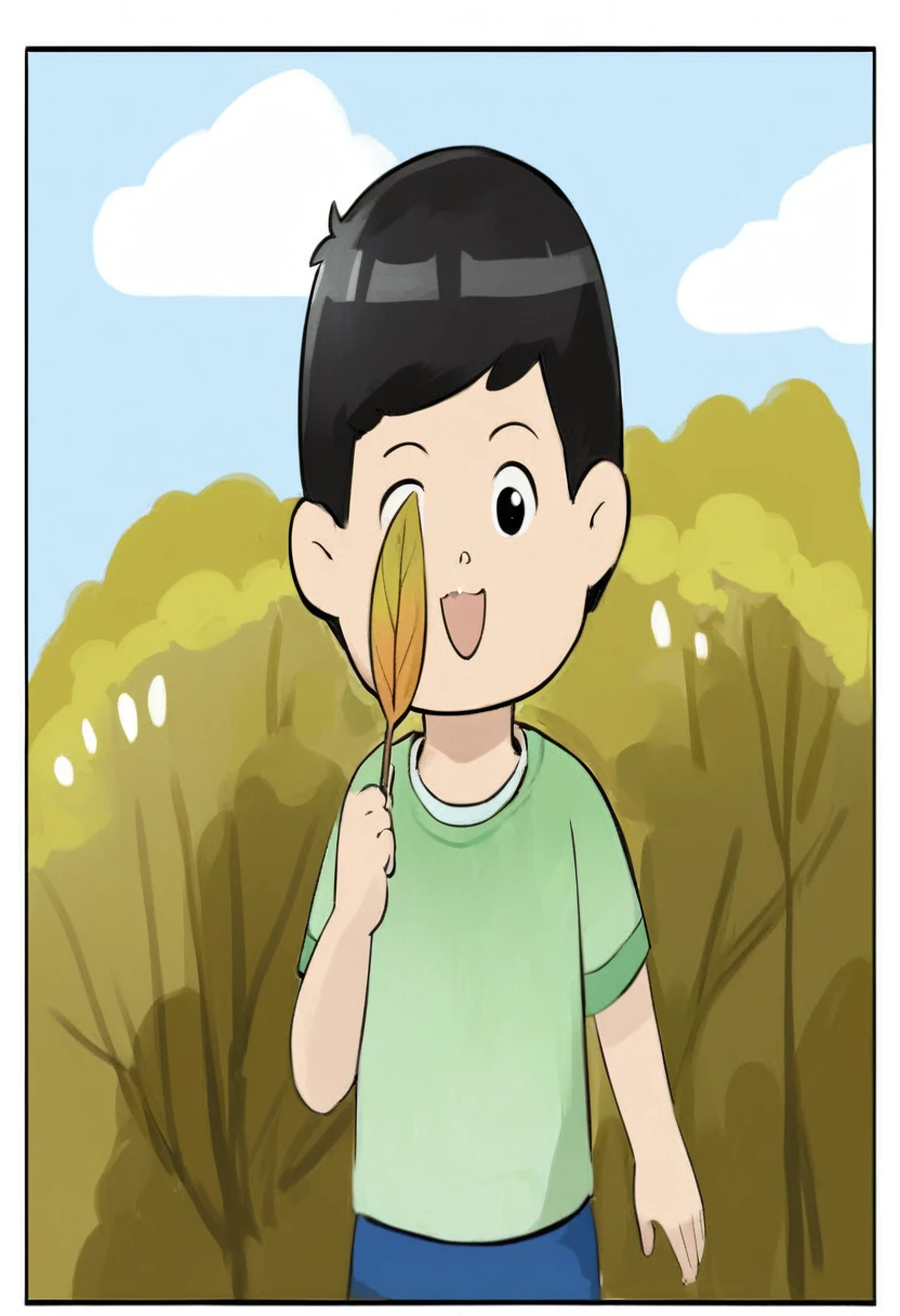 Cartoon boy holding a leaf in his hand，make faces, Children&#39;s Book Illustrations, Animation movie stills, Animation stills, Comic illustration, childs book illustration, Colored Manga, Children&#39;s Book Illustrations, Animation stills, Children&#39;s Book Illustrations, Children&#39;s Book Illustrations, Animation Static, Children&#39;s illustrations, Children&#39;s illustrations, Full color illustrations, Children&#39;s Book Illustrations, child, children illustration