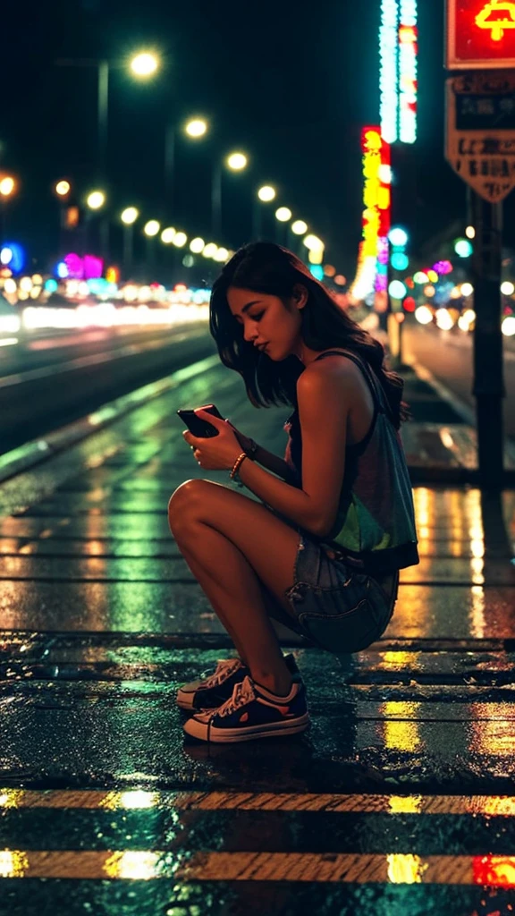 Beautiful woman, Lighted street at night, Fidgeting with smartphones, Passersby, Night view gradation, Fine details, Subtle tone, Silence on the screen. Hitchhiking with right thumb up。It rains