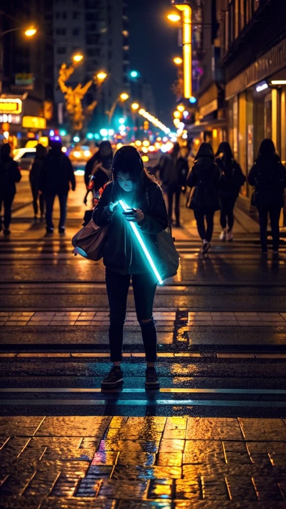 Beautiful woman, Lighted street at night, Fidgeting with smartphones, Passersby, Night view gradation, Fine details, Subtle tone, Silence on the screen. Hitchhiking with right thumb up。It rains