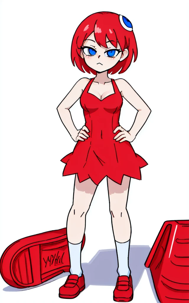 8k.4k,((Best Quality, Masterpiece, ultra high resolution)),((whole body)),standing,by Pixelsketcher,   dress, Blue eyes,Red hair, red dress, short hair,old,short dress,shoes,  red shoes, neckline, sleeveless dress,(Socks azules),human,hair ornament,White background,Alone,hands on the hips, blue eyes,short hair,breasts,dress,Red hair,dress rojo,dress corto,shoes,shoes rojos,neckline,dress sin mangas,Socks,Socks azules,Alone,White background,simple background,Delgado,standing,(several eyes),dress corto,hands on hip,Hair ornaments