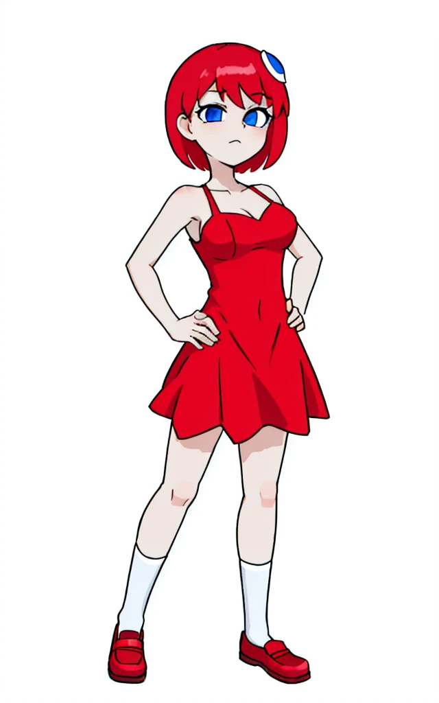 8k.4k,((Best Quality, Masterpiece, ultra high resolution)),((whole body)),standing,by Pixelsketcher,   dress, Blue eyes,Red hair, red dress, short hair,old,short dress,shoes,  red shoes, neckline, sleeveless dress,(Socks azules),human,hair ornament,White background,Alone,hands on the hips, blue eyes,short hair,breasts,dress,Red hair,dress rojo,dress corto,shoes,shoes rojos,neckline,dress sin mangas,Socks,Socks azules,Alone,White background,simple background,Delgado,standing,(several eyes),dress corto,hands on hip,Hair ornaments