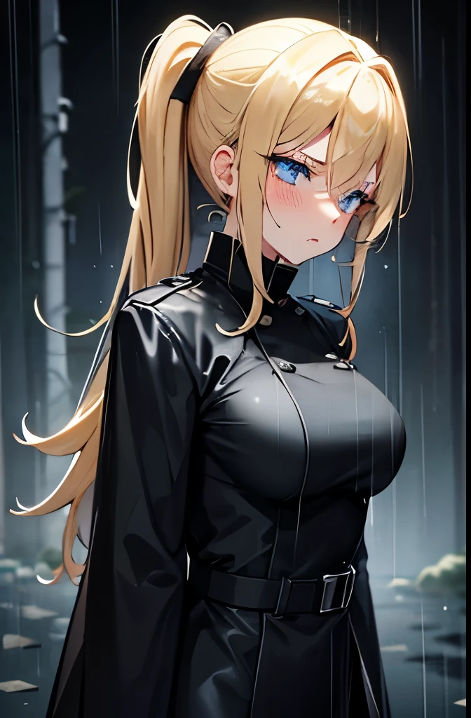 Blonde,ponytail,Long black raincoat,blue eyes,Large Breasts,Slender,Serious face,blush,rain,forest,night,Face down,Gloomy face,walk