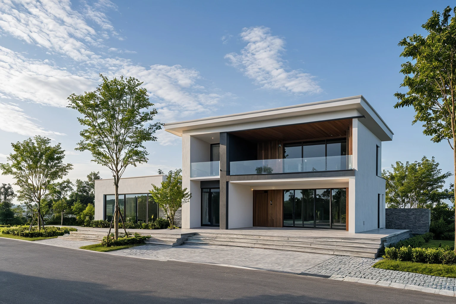Masterpiece, high quality, best quality, authentic, super detail, outdoors, onestoreyvillaXL, aiaigroup, house style modern on the street ,stairs, white wall ,road,pavement, grass, trees, sky, cloud, (daylight:1.1)