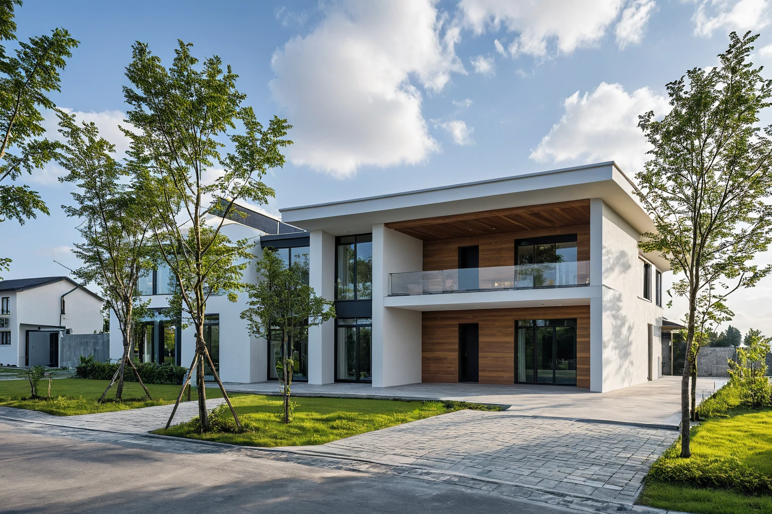 Masterpiece, high quality, best quality, authentic, super detail, outdoors, onestoreyvillaXL, aiaigroup, house style modern on the street ,stairs, white wall ,road,pavement, grass, trees, sky, cloud, (daylight:1.1)
