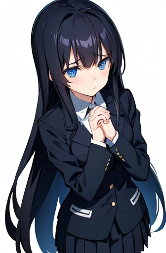 Photo from thigh to head、Front facing、Standing at the camera、One high school girl、sad look、Anxious expression、Timid look、Praying with hands folded、Long black hair、Straight Hair、Blue Eyes、uniform、blazer、Pleated skirt、Slender figure、White background