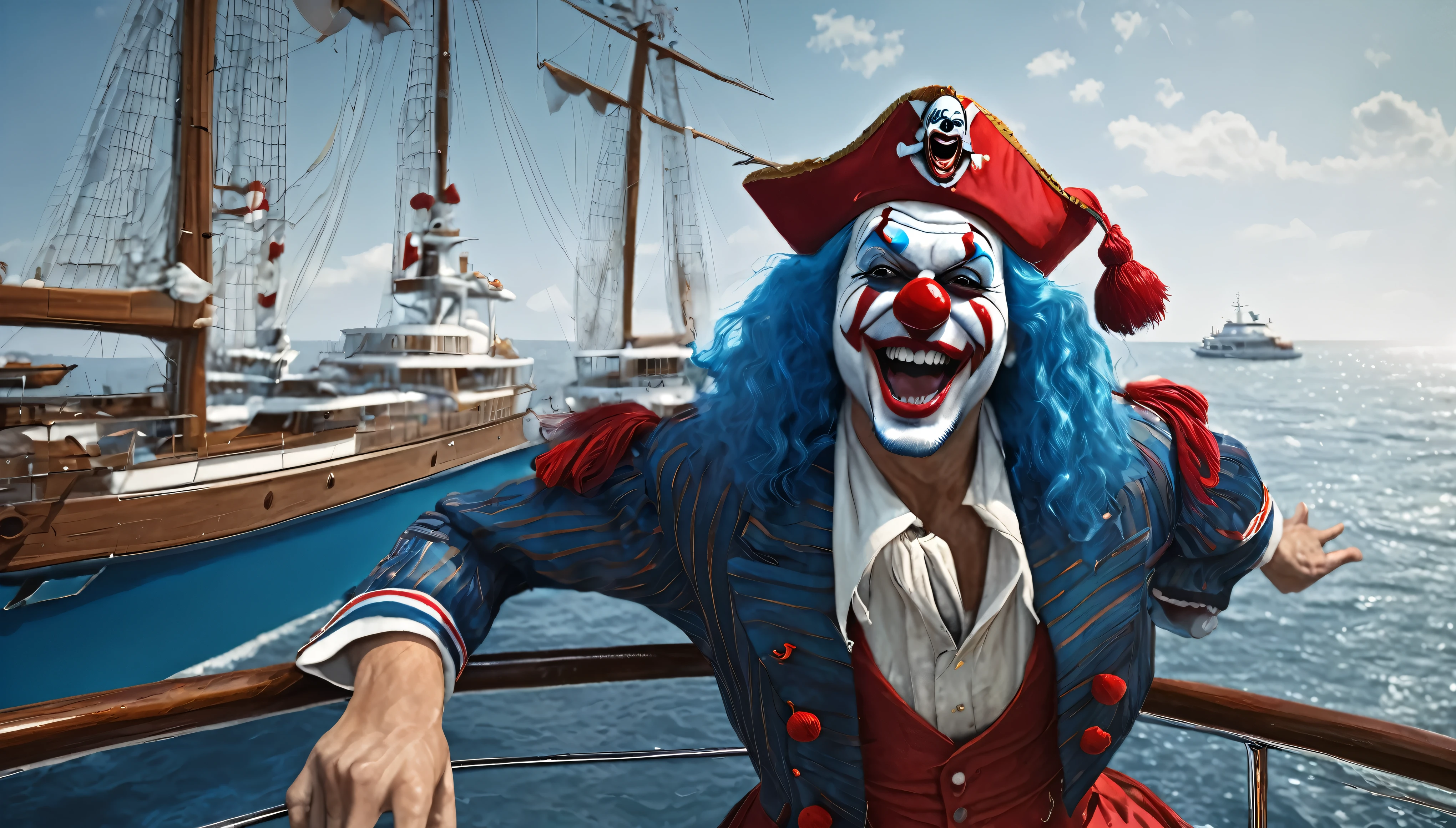 masterpiece, best quality, extremely detailed, hyperrealistic, photorealistic, a cool 40s man, ultra detailed face:1.2, clown makeup:1.1, red pirate hat, white skin, red nose:1.1, long blue hair, on detailed yacht, sea, holding canon:1.1, dynamic pose, laughing