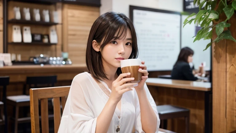 Produce the highest quality and highest resolution 8K images。Please draw the upper body of a 20 year old Japanese woman.。Please draw an image of someone drinking tea in a stylish coffee shop.。She has brown eyes and a model figure.、She has an idol-level cute face.。Her hair is bob。The skin is、It is a natural skin color。