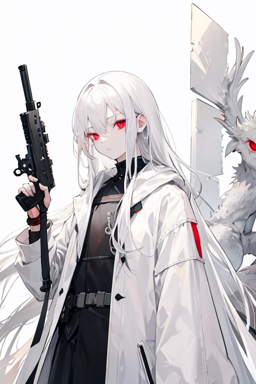 Gray Hair, Fair skin, Albino women,  Long Hair, White clothes, coat, gun, Sign of holding a weapon with one hand, expressionless red eyes