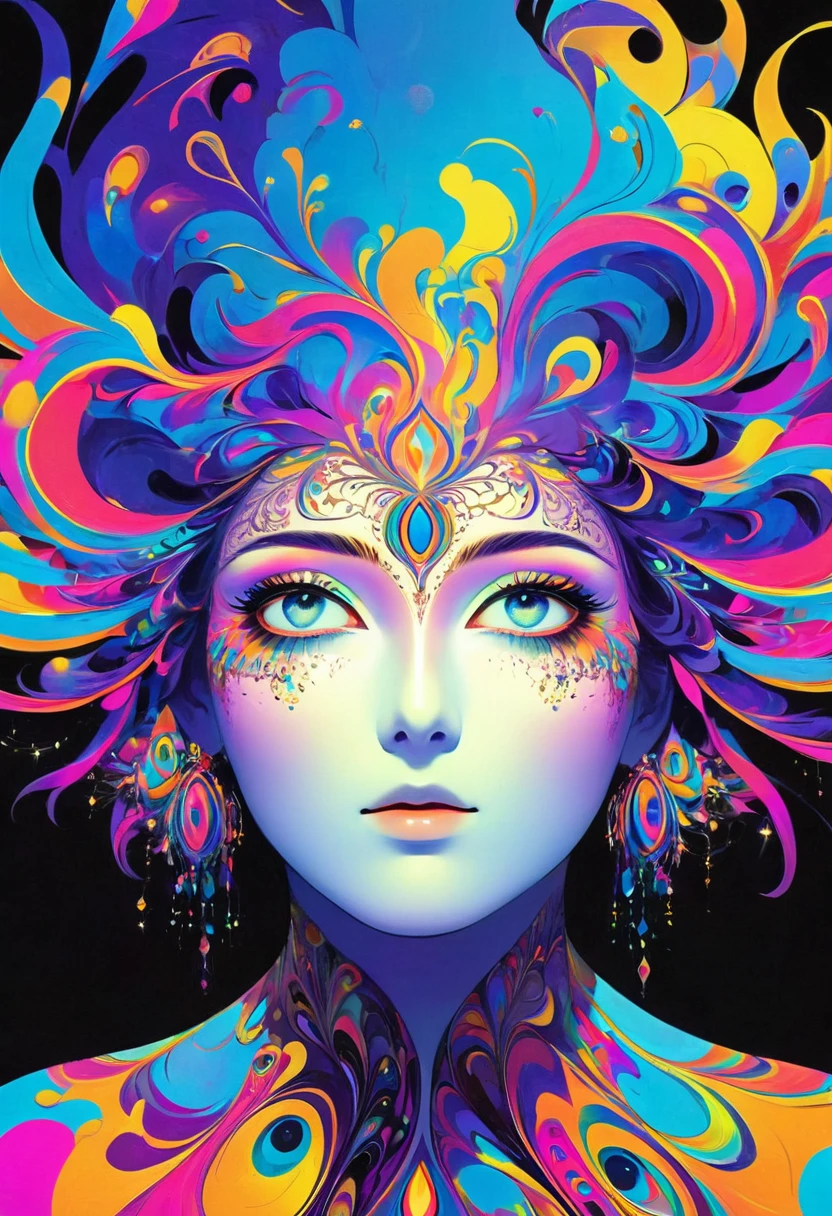 (masterpiece, best quality:1.2),(Concept Art、Fractal Art:1.5) ,(Flat Color:1.2),(2D:1.3),(Fluorescent Color:1.5,rich and colorful:1.2),Fluorescent colorful hair、Looking at the audience,1 Goddess,Pretty Face,Gentle face,Solitary,Upper Body,floating rich and colorful fluorescent lines,Bright colors、Fractal Art、symmetry、
Mysterious atmosphere、The World of Light