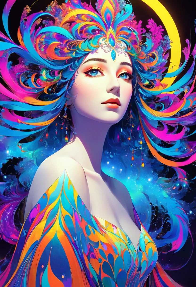 (masterpiece, best quality:1.2),(Concept Art、Fractal Art:1.5) ,(Flat Color:1.2),(2D:1.3),(Fluorescent Color:1.5,rich and colorful:1.2),Fluorescent colorful hair、Looking at the audience,1 Goddess,Pretty Face,Gentle face,Solitary,Upper Body,floating rich and colorful fluorescent lines,Bright colors、Fractal Art、symmetry、
Mysterious atmosphere、The World of Light