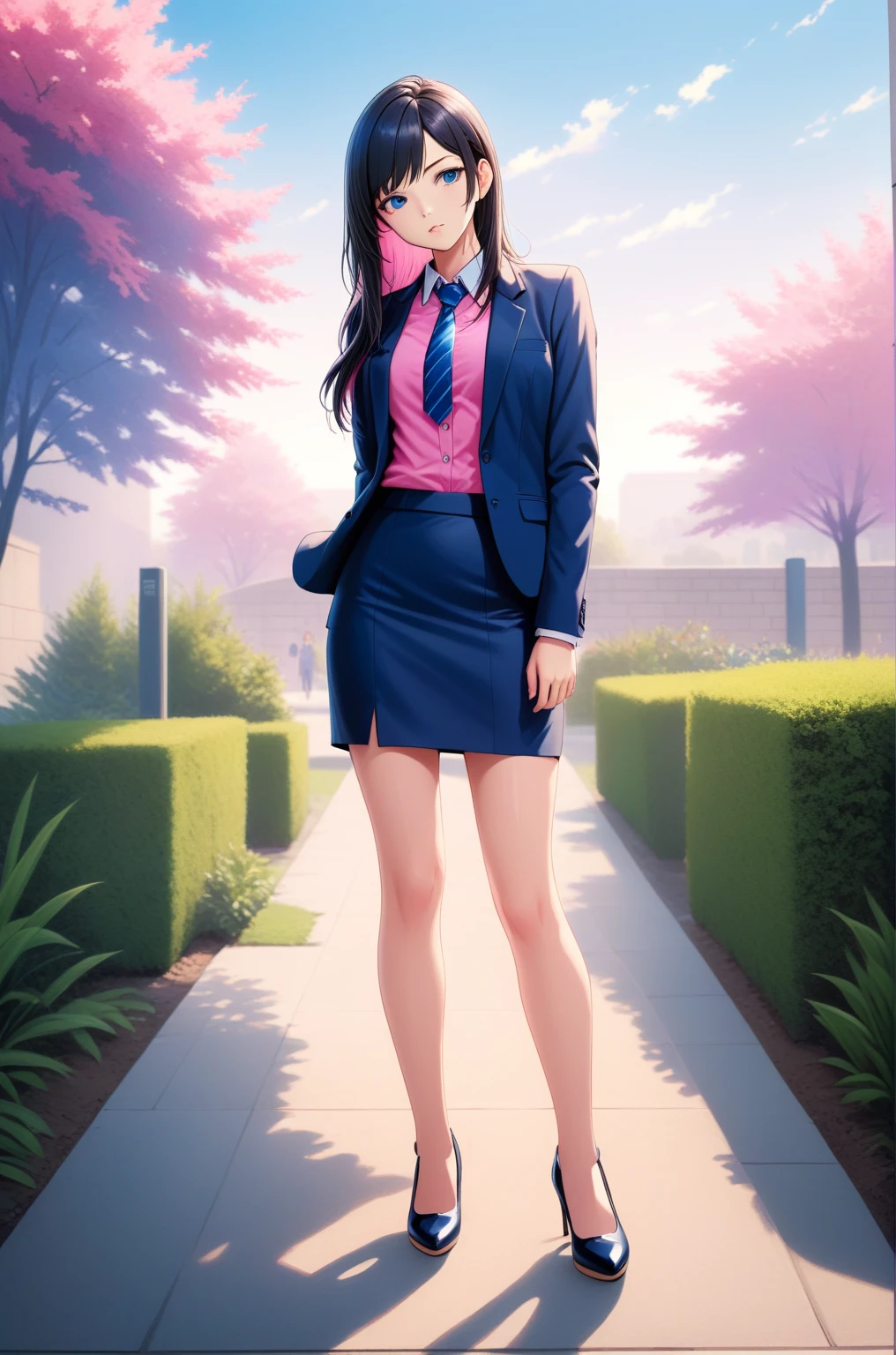 realistic anime illustration of a young beautiful woman standing and looking at viewer at campus, she wearing navy-blue blazer, pink shirt with navy-blue tie, navy-blue pencil skirt, black heel cutshoes, (1girl, solo, full body), (masterpiece, best quality), vivid colors