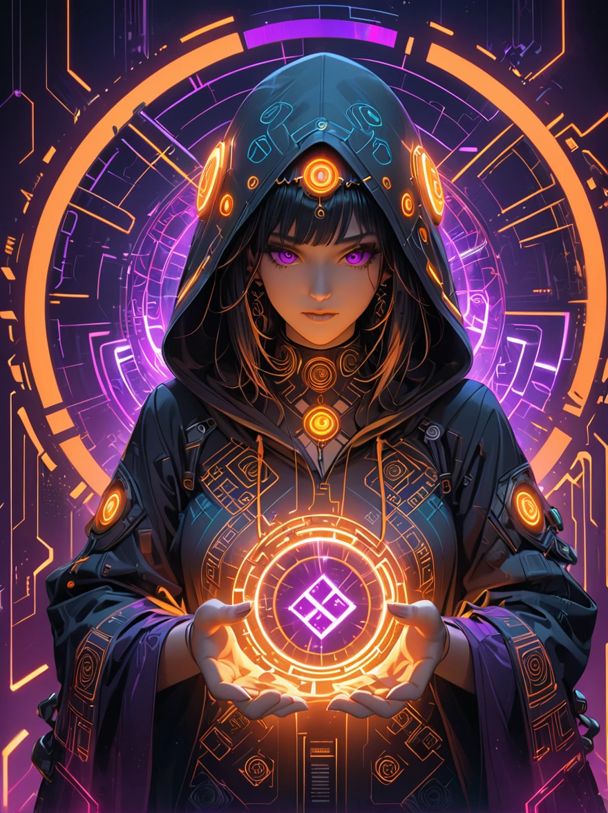 woman in a futuristic, cyberpunk-inspired setting, wearing a hooded robe with ornate rune-like patterns, holding a glowing, techno-organic circlet, with vibrant orange accents and a purple aura, striking a dramatic, vintageOliver/body pose against a backdrop of digital geometric shapes, masterpiece, best quality, ultra-detailed, highly detailed