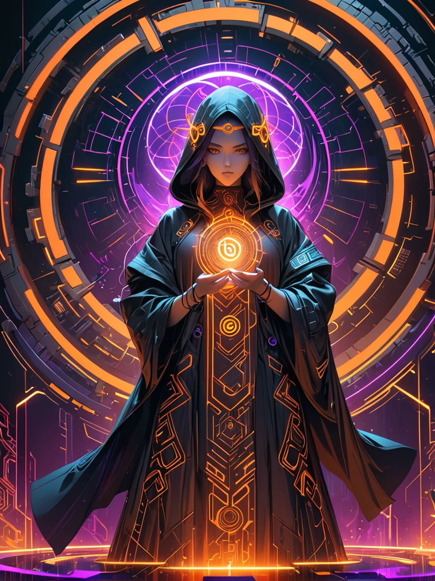 woman in a futuristic, cyberpunk-inspired setting, wearing a hooded robe with ornate rune-like patterns, holding a glowing, techno-organic circlet, with vibrant orange accents and a purple aura, striking a dramatic, vintageOliver/body pose against a backdrop of digital geometric shapes, masterpiece, best quality, ultra-detailed, highly detailed