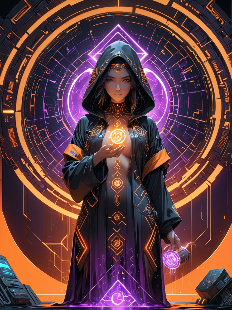 woman in a futuristic, cyberpunk-inspired setting, wearing a hooded robe with ornate rune-like patterns, holding a glowing, techno-organic circlet, with vibrant orange accents and a purple aura, striking a dramatic, vintageOliver/body pose against a backdrop of digital geometric shapes, masterpiece, best quality, ultra-detailed, highly detailed