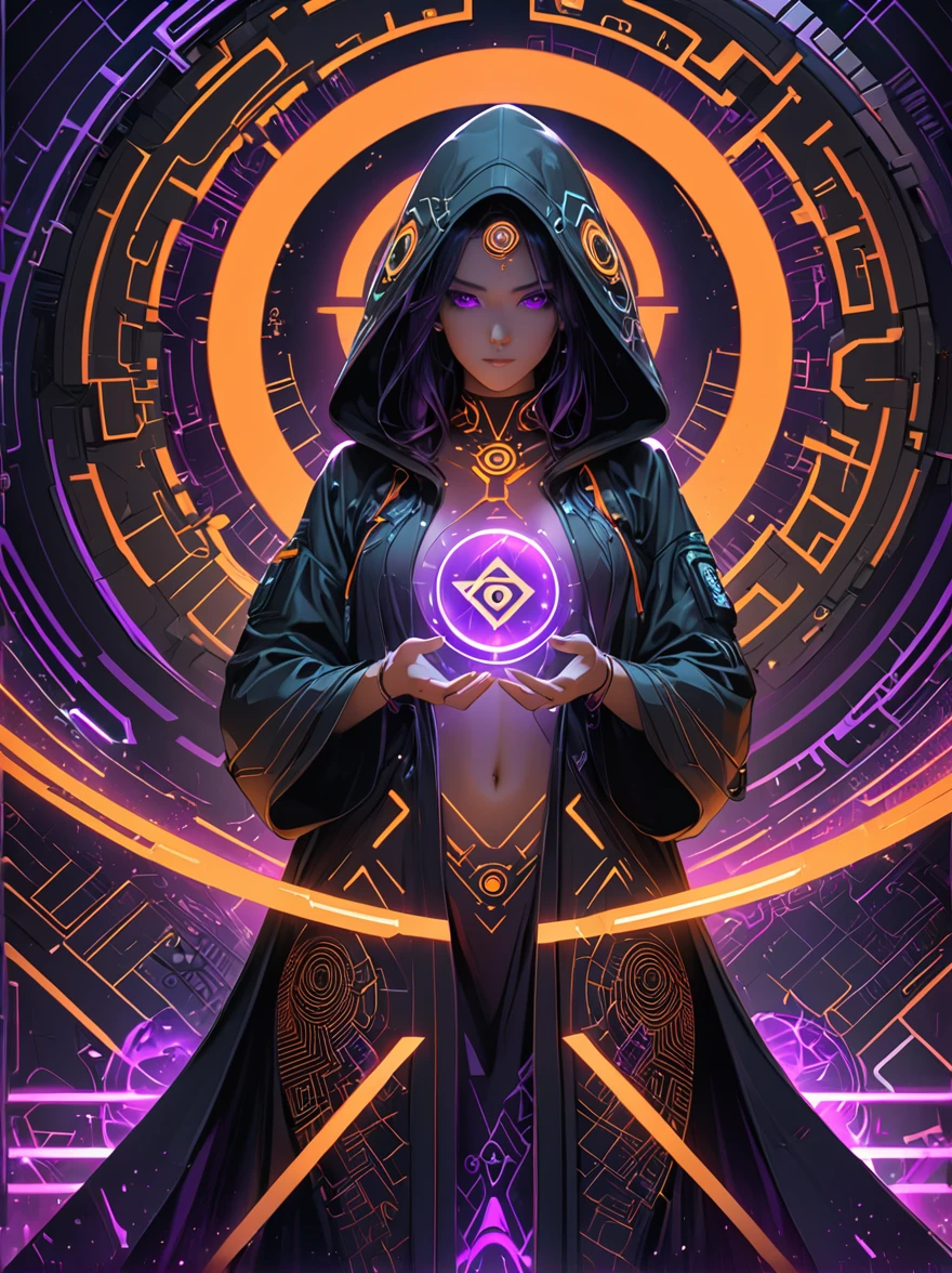 woman in a futuristic, cyberpunk-inspired setting, wearing a hooded robe with ornate rune-like patterns, holding a glowing, techno-organic circlet, with vibrant orange accents and a purple aura, striking a dramatic, vintageOliver/body pose against a backdrop of digital geometric shapes, masterpiece, best quality, ultra-detailed, highly detailed