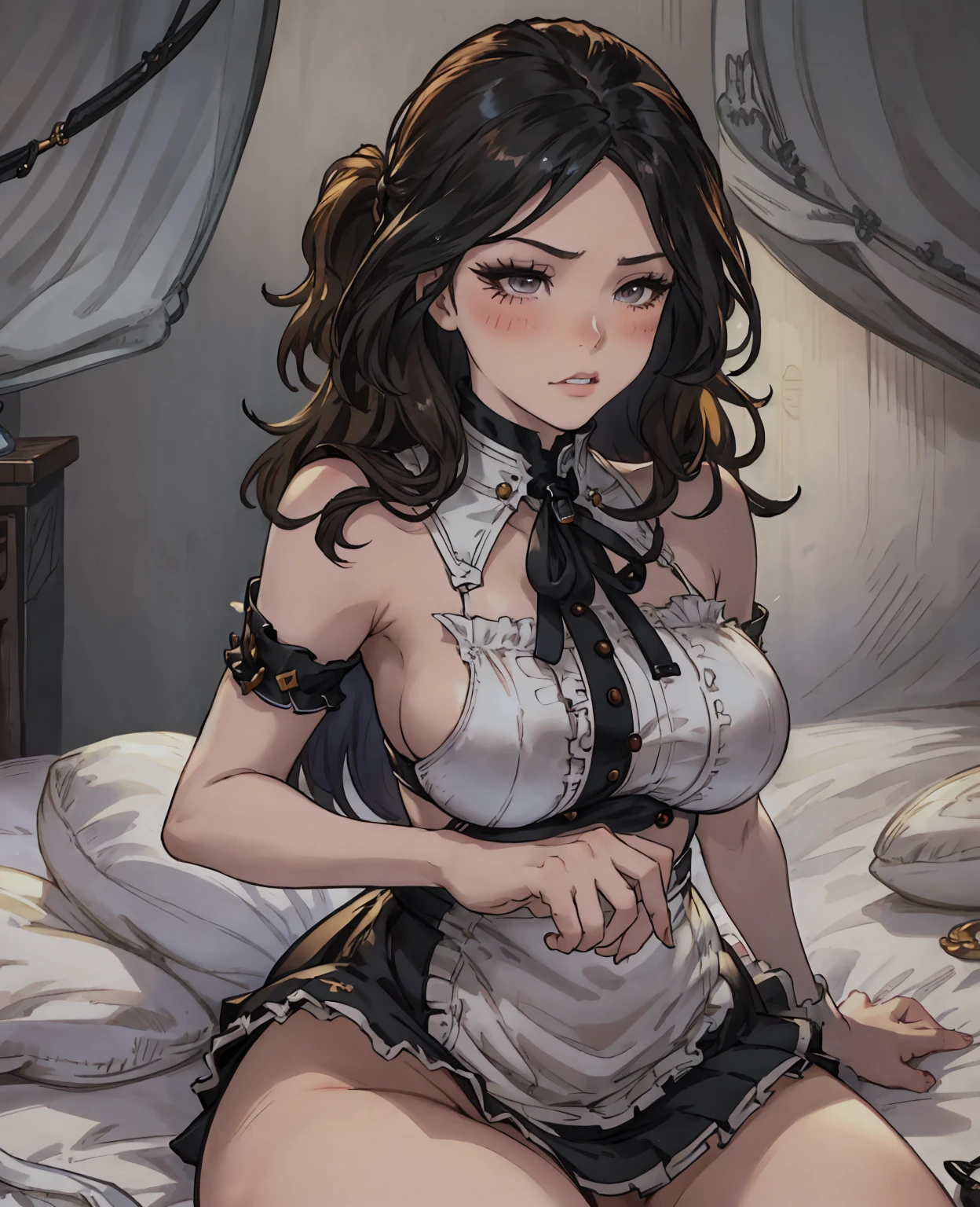 a beautiful young woman with long silky black hair, porcelain white skin, and deep dark eyes, a concerned expression on her delicate doll-like face, wearing a maid uniform, highly detailed portrait, photorealistic, masterpiece, (best quality,4k,8k,highres,masterpiece:1.2),ultra-detailed,(realistic,photorealistic,photo-realistic:1.37),HDR,UHD,studio lighting,ultra-fine painting,sharp focus,physically-based rendering,extreme detail description,professional,vivid colors,bokeh