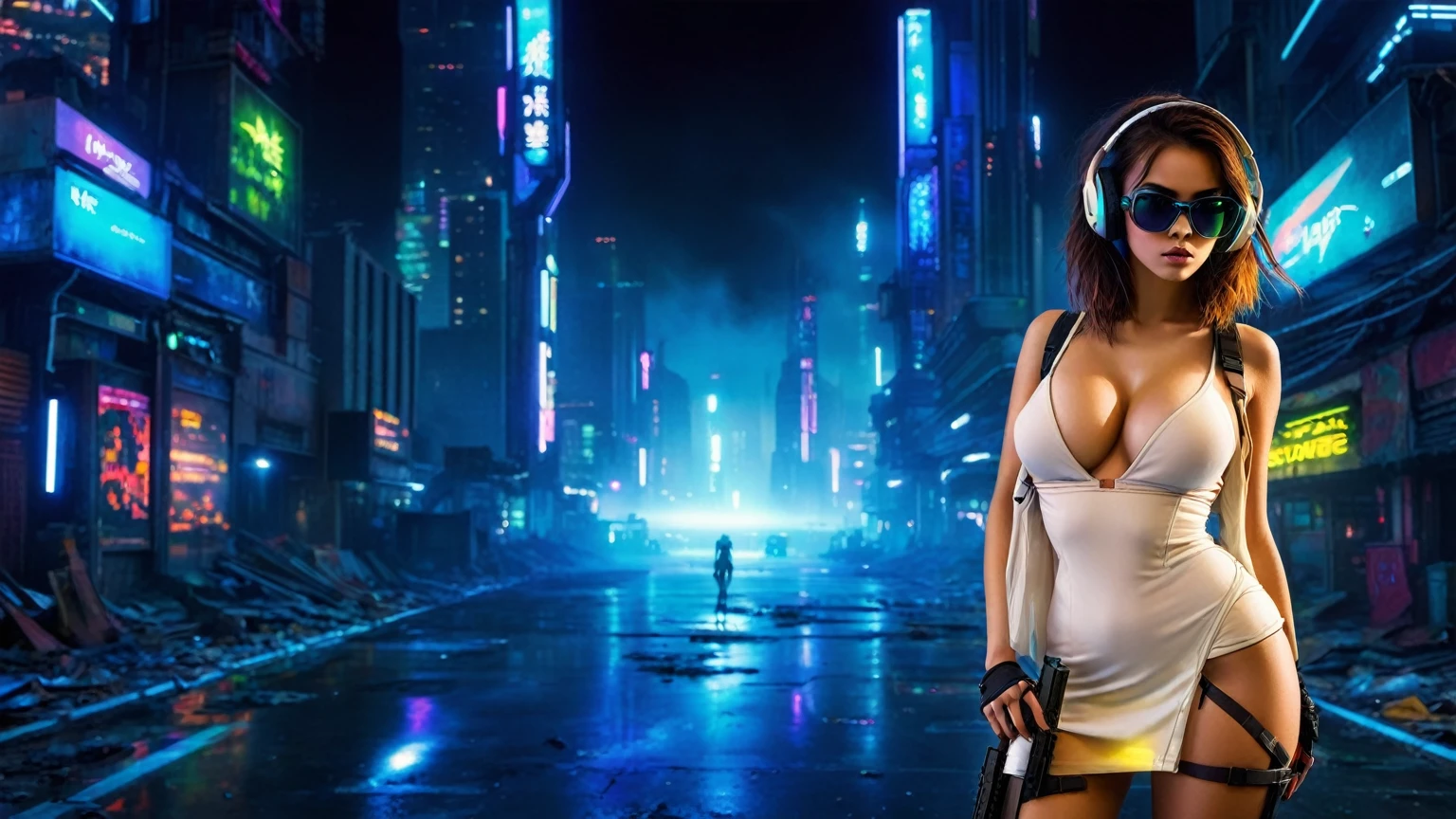 dark futuristic landscape, at night, neon lights, Atmospheric fog, large buildings in the background, futuristic city, streets with open shops, skyscraper (postapocalyptic city:1.3). (((1girl, solo, alone))), large-breast:1.2 slim body, cleavage:1.1, sexy miniskirt, (((headphone, black sunglasses, standing and holding pistol pose))), (((half-body thigh level medium shot))), cinematic lighting, lens flare, ray tracing.