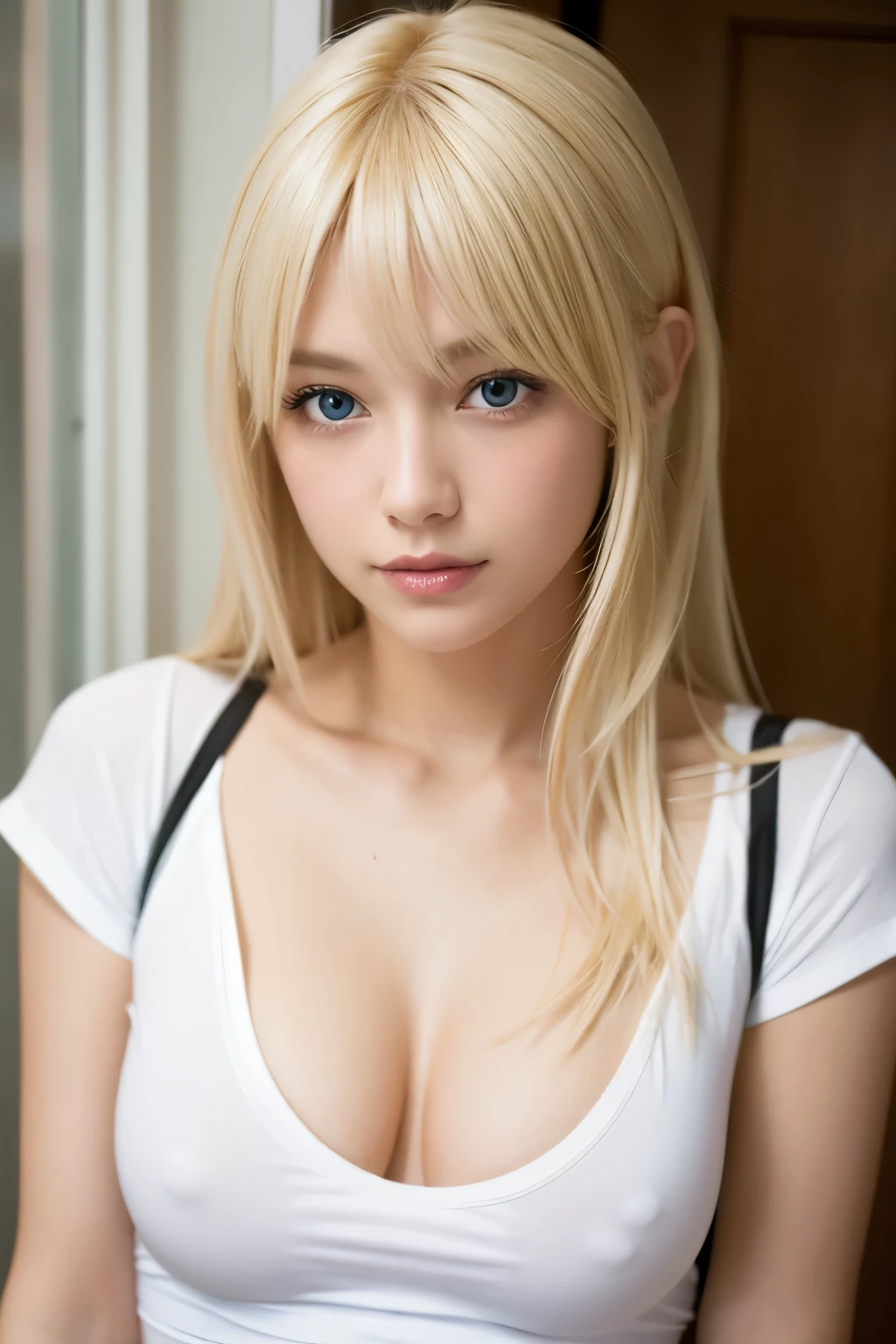 Blonde American beauty。No bra、White T-shirt。