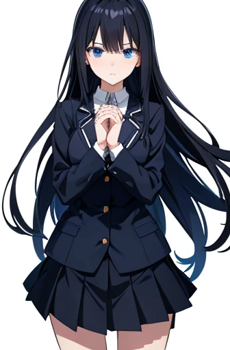Photo from thigh to head、Front facing、Standing at the camera、One high school girl、sad look、Anxious expression、Timid look、Praying with hands folded、Long black hair、Straight Hair、Blue Eyes、uniform、blazer、Pleated skirt、Slender figure、White background