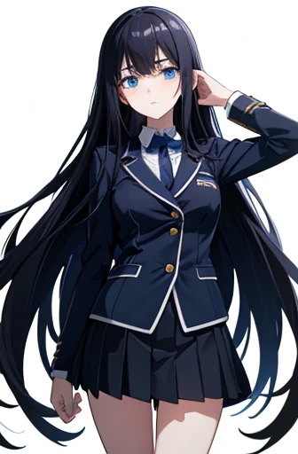 Photo from thigh to head、Front facing、Standing at the camera、One high school girl、sad look、Anxious expression、Timid look、Praying with hands folded、Long black hair、Straight Hair、Blue Eyes、uniform、blazer、Pleated skirt、Slender figure、White background