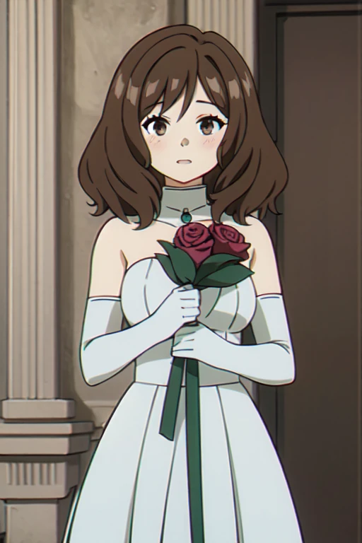 (((Best quality))),((Ultra-detailed)),((illustration)),((Disheveled hair)),((frilld)),(1 girl),(Solo),1girl,bare shoulders,blush,bouquet,bow,braid,bridal veil,bride dress,earrings,elbow gloves,flower gloves,hair flower,hair ornament,holding bouquet,indoors,jewelry,open mouth,pink rose,red flower,red rose,rose,short hair,skirt hold,smile,solo,stained glass,stairs,strapless,strapless dress,veil,wedding dress,white dress,white flower,white gloves,white rose,yellow rose,brown eyes,brown hair,