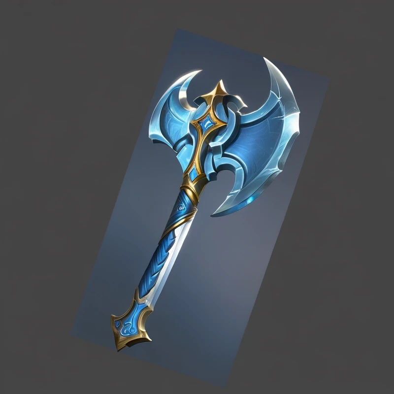 Close up of blue and gold weapons, Fantasy weapons, Tomahawk, Tomahawk, Sword weapons, Fantasy Scythe, Role Playing Game Items, The style of the Ghost Slayer Blade, Hammer Weapon, Axe element, Leviathan Axe, RPG item rendering, epic Fantasy weapons art, Fantasy RPG Weapon Art, Intricate Fantasy Spear, Fantasy Blade