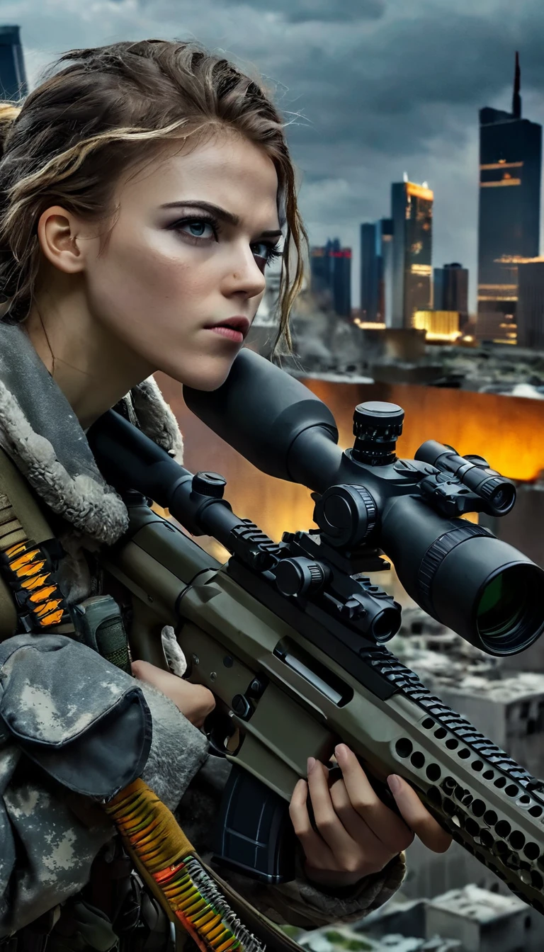 Cowboy shot, beautiful detailed eyes, beautiful detailed lips, extremely detailed eyes and face, longeyelashes, 1girl, female military sniper, holding huge sniper riffle,  realistic, city camouflage, post-apocalitic city, skyscrapers roof, dark moody lighting, dramatic lighting, cinematic, high quality, 8k, ultra-realistic, masterpiece, award winning, photorealistic