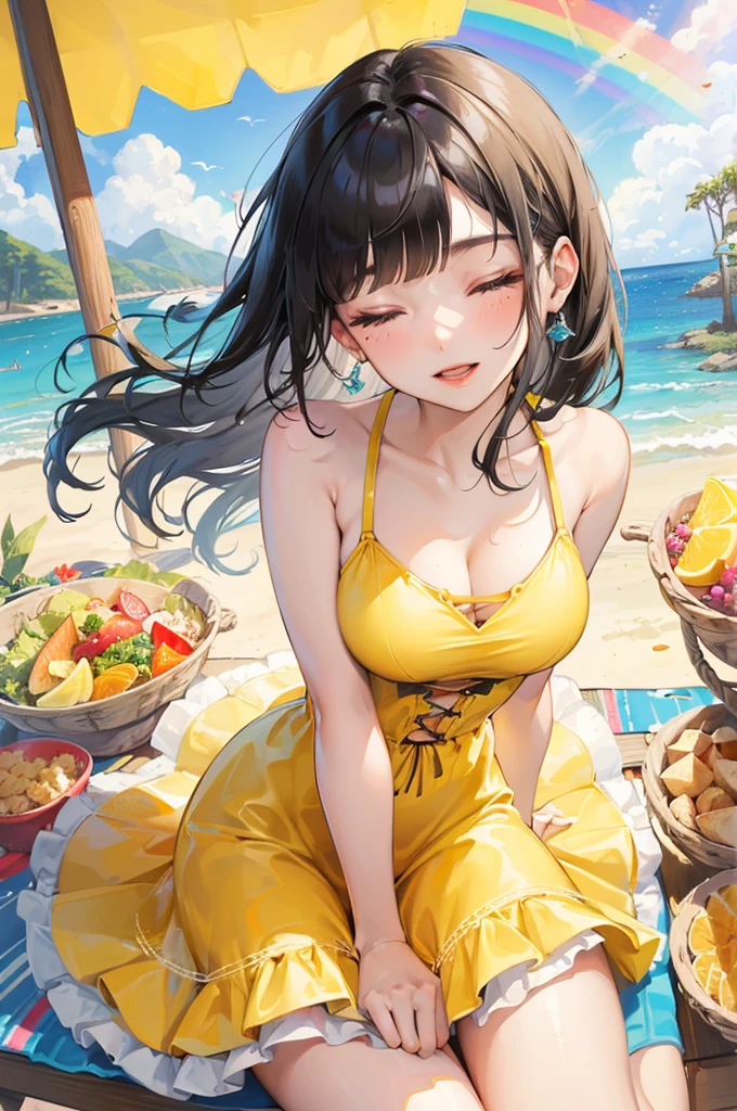 (pov style), (solo:2, , blunt bangs:1.3 black hair long hair sexy l, sexy clo eyes, love smile, glossy lip, sexy tits),n a yw summer Layered one piece dress), break, in the Beach food stalls, background Double Exposure beautiful ocean and beautiful rainbow, BREAK, perfect anatomy, masterpiece, best quality, 16k, beautiful detailed love, sexy, daydreaming ression.