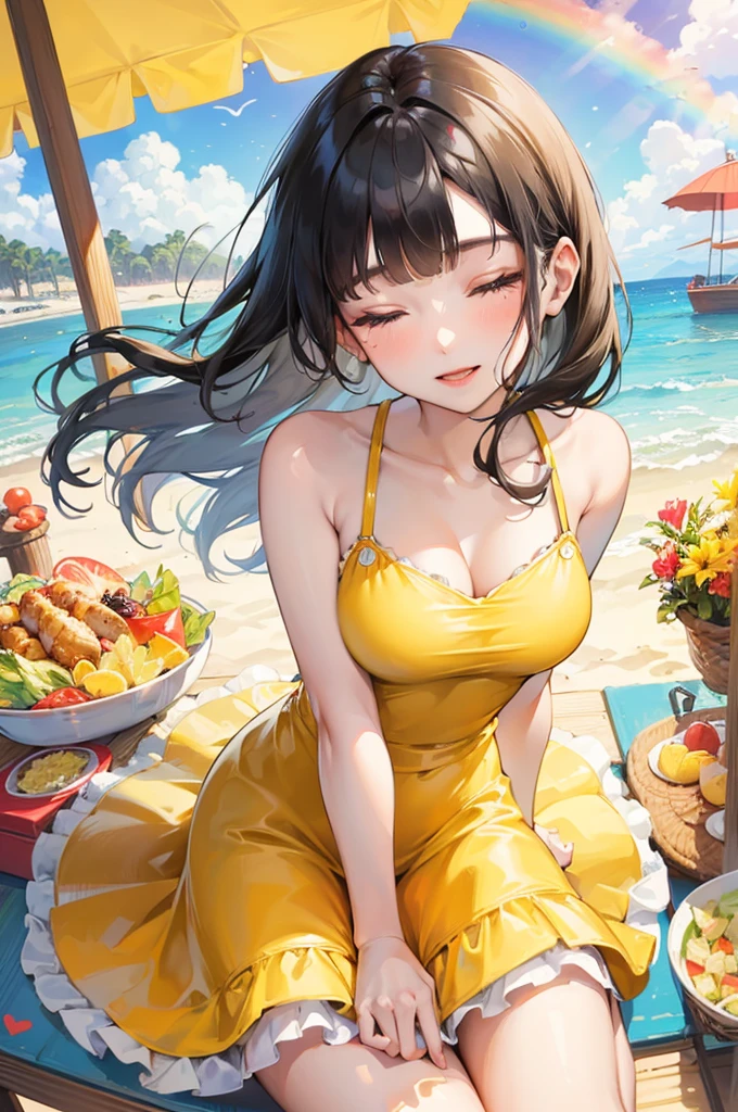 (pov style), (solo:2, 15 yo, blunt bangs:1.3 black hair long hair sexy girl, sexy closed eyes, love smile, glossy lip, sexy tits), (in a yellow summer Layered one piece dress), break, in the Beach food stalls, background Double Exposure beautiful ocean and beautiful rainbow, BREAK, perfect anatomy, masterpiece, best quality, 16k, beautiful detailed love, sexy, daydreaming expression.