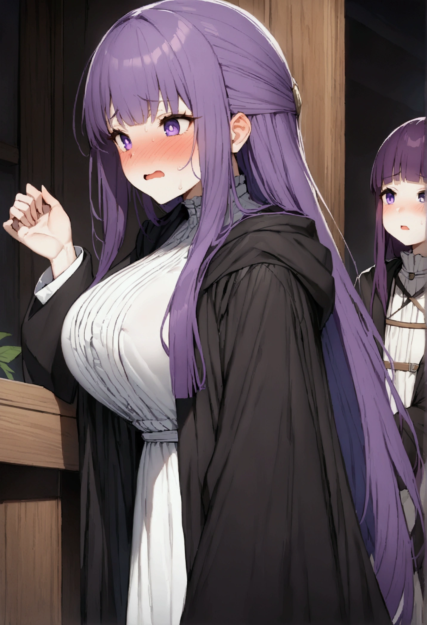 NSFW,masterpiece,Highest quality,High resolution,Super detailed,Fern\(Funeral of Frieren\),Purple eyes,Purple Hair,Long Hair,Big Breasts,White Dress,Robe,Embarrassed,blush,Adventurer&#39;s Guild,counter