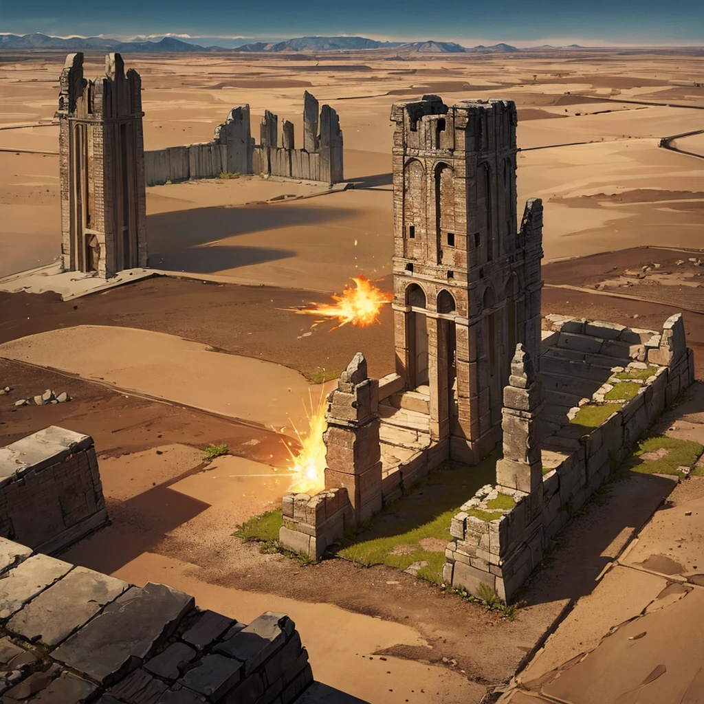 ((((No humans))))、Best illustrations、Best Quality、(Ancient ruins、desert、Grass)、Fall to the floor、(middle ages)、battlefield、explosion、rubble、destruction