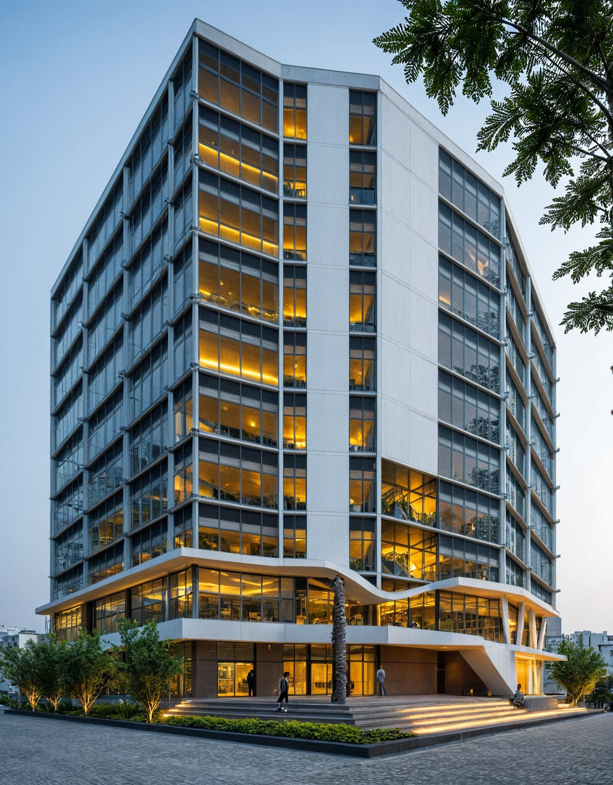 modern office building, modern style, modern, dynamic (RAW photo, real, best quality, masterpiece:1.2), (hyper realistic, photo-realistic:1.2), high quality, (dark lighting:1.2), perfect lighting, archdaily, architecture digest award wining sustainable architecture, cinematic, Building height: 8-10 stories, Facade: Low-e glass combined with a hexagonal louver system, Sleek, modern design with a predominantly glass facade, Hexagonal louvers creating a distinctive pattern across the building's surface, Main entrance with a canopy or architectural feature to mark the entry point, Possible rooftop terrace or green roof element, Urban setting with other mid-rise buildings nearby, Wide sidewalk in front of the building with some landscaping, Street view showing neighboring structures and city life, Possibly include trees or green spaces around the building, Bustling city environment with pedestrians and vehicles, Reflections of the surroundings on the glass facade, Interplay of light and shadow created by the hexagonal louvers, Overall impression of a harmonious blend between the building and its urban context