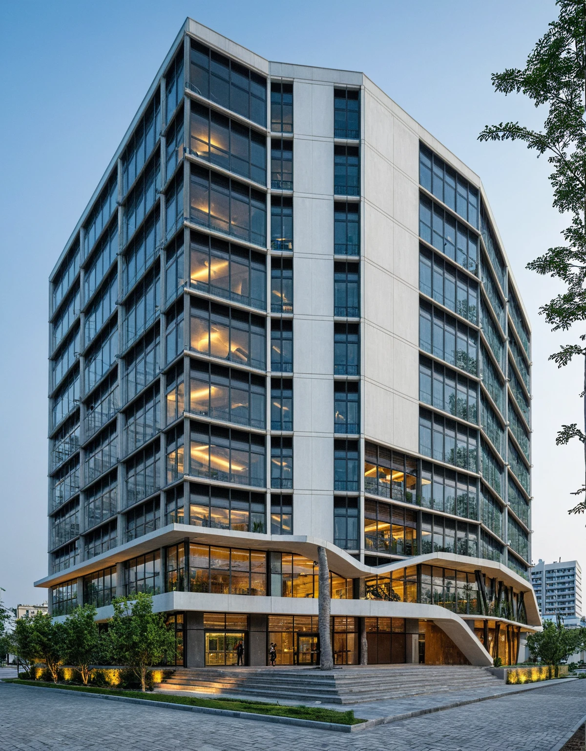 modern office building, modern style, modern, dynamic (RAW photo, real, best quality, masterpiece:1.2), (hyper realistic, photo-realistic:1.2), high quality, (dark lighting:1.2), perfect lighting, archdaily, architecture digest award wining sustainable architecture, cinematic, Building height: 8-10 stories, Facade: Low-e glass combined with a hexagonal louver system, Sleek, modern design with a predominantly glass facade, Hexagonal louvers creating a distinctive pattern across the building's surface, Main entrance with a canopy or architectural feature to mark the entry point, Possible rooftop terrace or green roof element, Urban setting with other mid-rise buildings nearby, Wide sidewalk in front of the building with some landscaping, Street view showing neighboring structures and city life, Possibly include trees or green spaces around the building, Bustling city environment with pedestrians and vehicles, Reflections of the surroundings on the glass facade, Interplay of light and shadow created by the hexagonal louvers, Overall impression of a harmonious blend between the building and its urban context