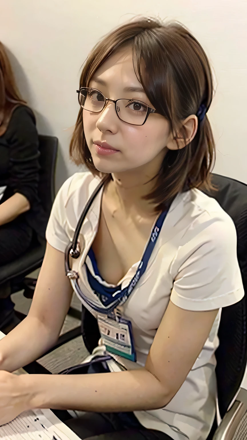 ((Medical Slabs:1.5、Wearing glasses:1.3、front)、A female technician wearing glasses peering at a patient leaning forward in a hospital、Breast flash、Cleavage、Small breasts、「Where is the pain?？」they said)、(Realistic、Like a photograph、Live Action、, Realistic, RAW Photos, Best image quality: 1.4), Single-lens reflex camera、RAW Photos, Highest quality, Realistic, Very detailed CG Unity 8k wallpaper, Written boundary depth, Cinematic Light, Lens flare, Ray Tracing, Realistic background、hospital:1.4、(nurse:1.4、Medical scrub:1.3、Toned body)、((Ultra-dense skin))、 woman,Cute Japanese nurse、((Leaning forward、((whole body:1.5))、During examination:1.1、Serious expression))、Pink inner color hair、Short Hair:1.5、I like that style、stylish、Very detailed、Pay attention to the details、Perfect outfit、(Sunburned skin)、Beautiful legs:1.1、front、frontTop view、Anatomically correct body、Accurate fingering