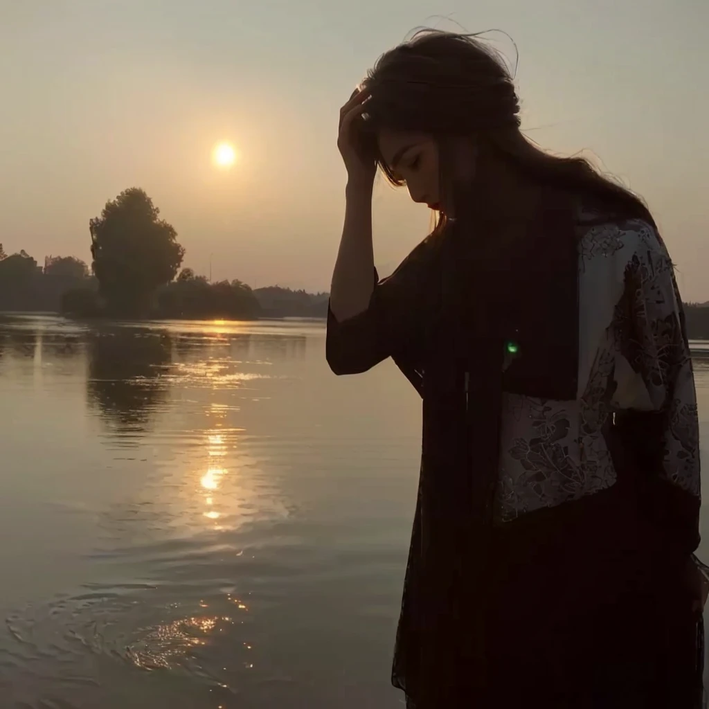 A beautiful young woman standing by a lake, sunset in the background, detailed face, long eyelashes, flowing hair, elegant dress, serene expression, tranquil lake, warm golden light, photorealistic, highly detailed, 8k, best quality, masterpiece