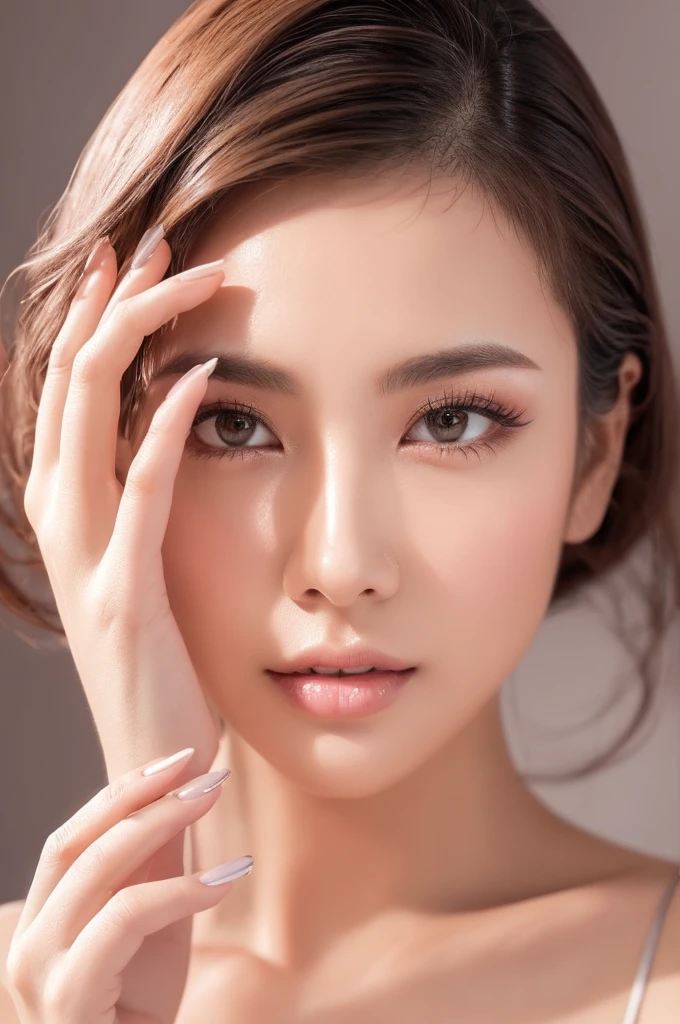 A close-up portrait of a Japanese woman in a studio setting, with beautifully styled light-colored hair and full makeup. Her eyes are the focal point, featuring long, voluminous eyelashes that are perfectly curled and defined. The eyelashes are clearly visible, creating a dramatic and feminine look. A precise, dark eyeliner accentuates her eyes, with a subtle wing at the outer corners, enhancing their shape. The eyeliner is smooth and even, perfectly applied to complement her eye shape. Her cheeks have a soft blush, adding a warm glow to her complexion. Her right hand is elegantly positioned, gently touching her right cheek. The hand is anatomically correct with all five fingers visible and naturally posed. Each finger joint is appropriately bent, maintaining a natural shape. The fingertips are smooth, with clear, well-defined nail lines. She has dusty pink nail polish on her oval-shaped nails of moderate length, which are clearly visible and prominently displaying the nail art. The hand's skin appears smooth and youthful, with fine lines and natural contours visible at the joints. The studio lighting brilliantly illuminates her face and hand, particularly emphasizing her eyes, eyelashes, and eyeliner, while also highlighting the outlines of the fingers and the details of the nails. The lighting is bright and illuminating overall, enhancing the clarity and details of the entire image. The background is pure white, creating a clean and bright atmosphere with no other elements present. Ensure the background is completely white and empty.