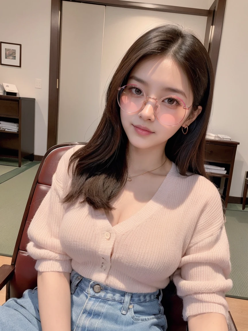 Japan woman sitting on chair with glasses on face, sunglasses, wearing glasses, Urzan, woman with rose-colored glasses, Diravadi Lumrat, wearing thin big round glasses, wearing pink glasses, wearing small round glasses, portrait jiss blackpink, blackpink jisoo, blackpink jisoo, square glasses, sunglasses