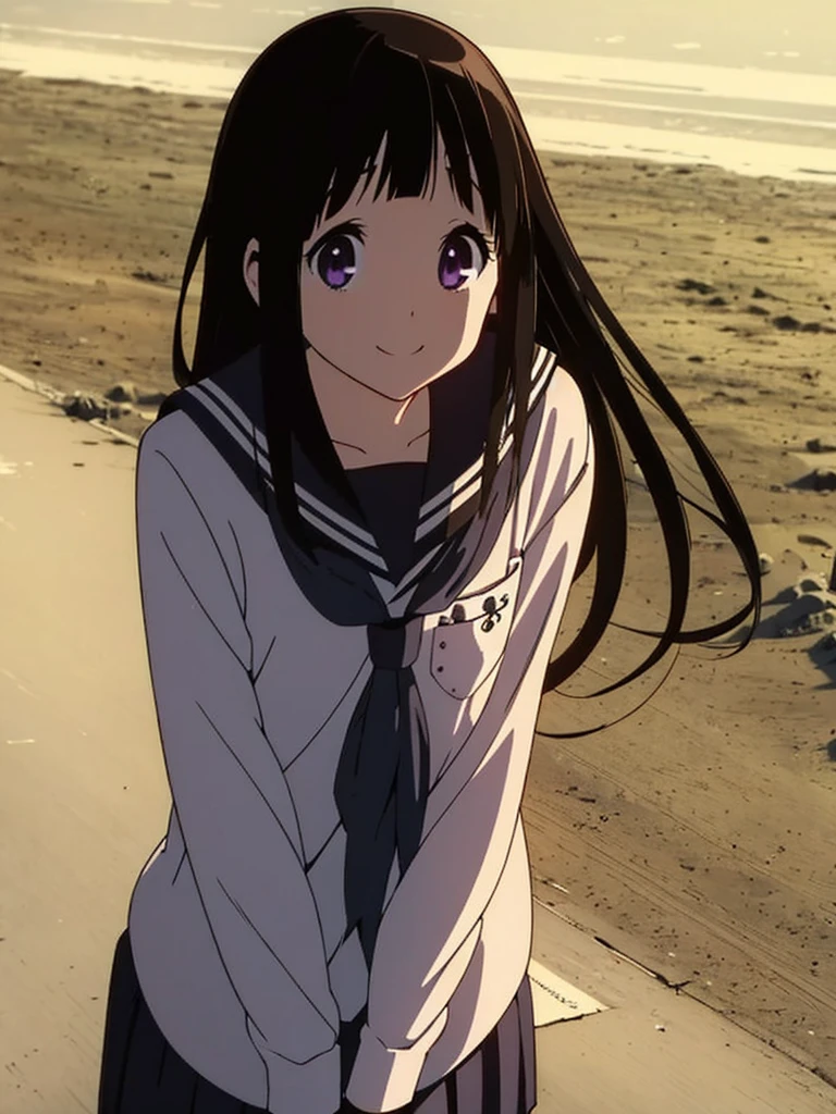 masterpiece, best quality, chitanda_eru, closed_mouth, collarbone, looking_at_viewer, neckerchief, outdoors, sailor_collar, school_uniform, serafuku, smile, solo, upper_body, roadside