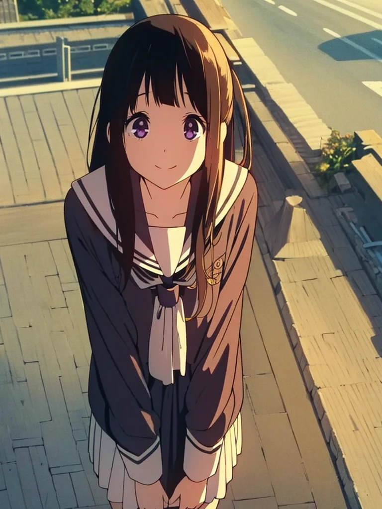 masterpiece, best quality, chitanda_eru, closed_mouth, collarbone, looking_at_viewer, neckerchief, outdoors, sailor_collar, school_uniform, serafuku, smile, solo, upper_body, roadside
