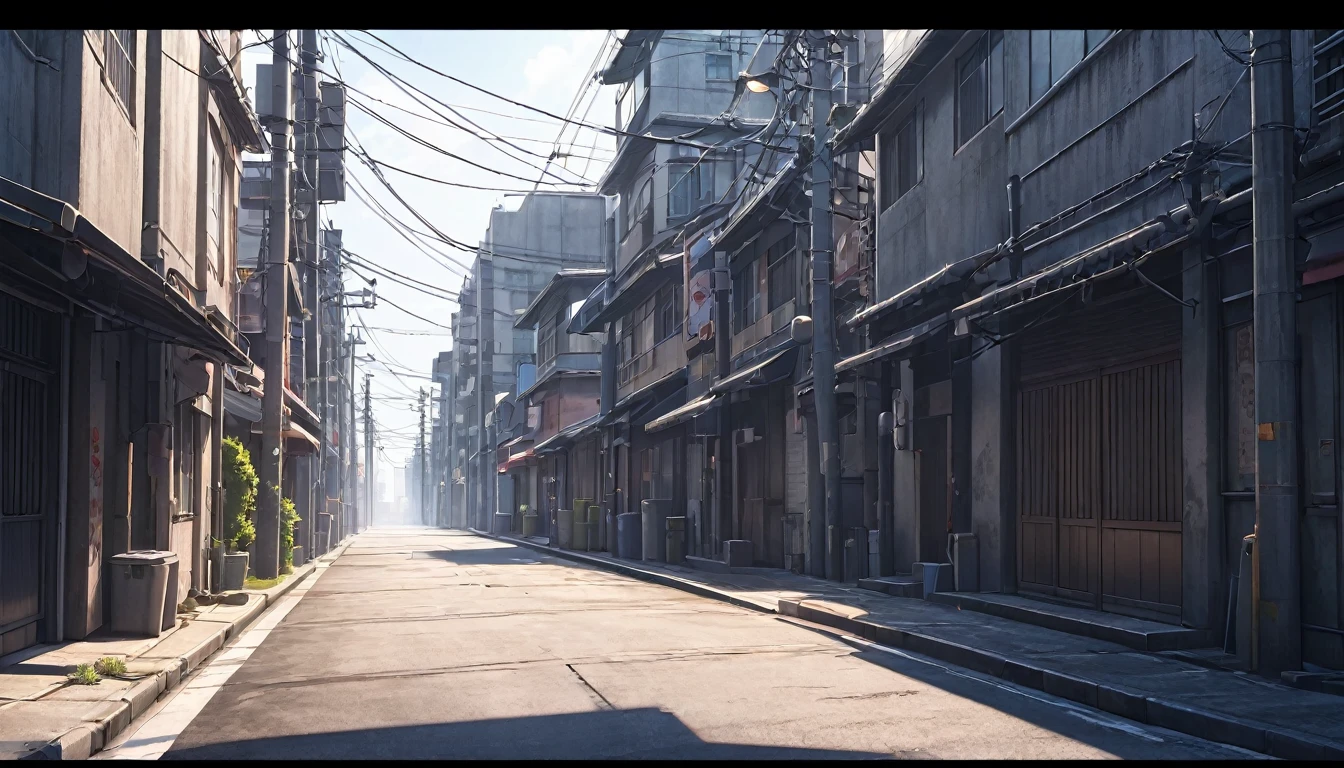 a deserted city street, concrete alley, utility poles, daylight, anime style, highly detailed, cinematic lighting, moody atmosphere, urban landscape, photorealistic, 8k, best quality, masterpiece