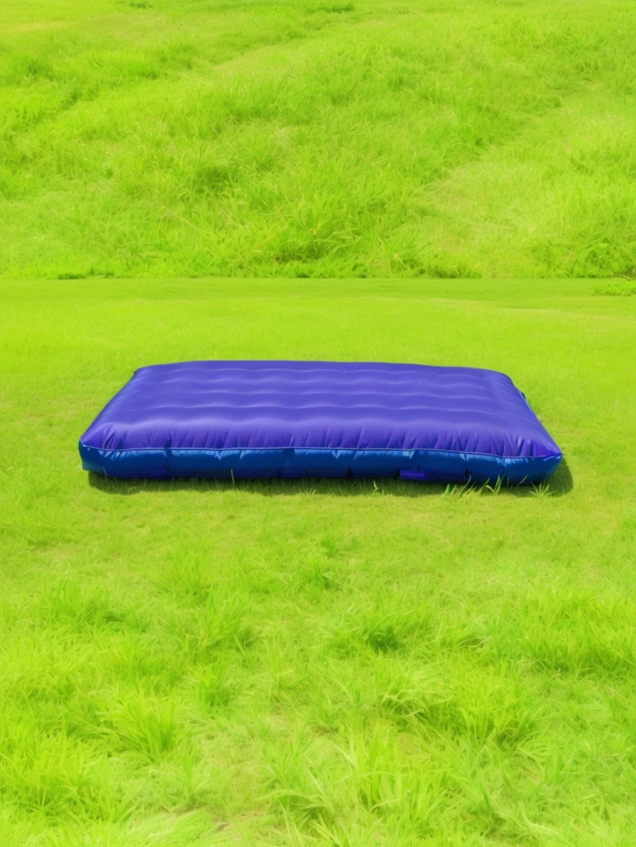 绿色背景grassland上的阿拉夫床垫, Inflatable, Convenient, sleeping bag, courtyard, Lying in the field, grassland, comfortable, purple, "High quality product image", camping, 躺在grassland上, The bed is not made, PVC, Synthetic, purple and blue leather, Outdoor ground, Rendering, product photo, Very high quality