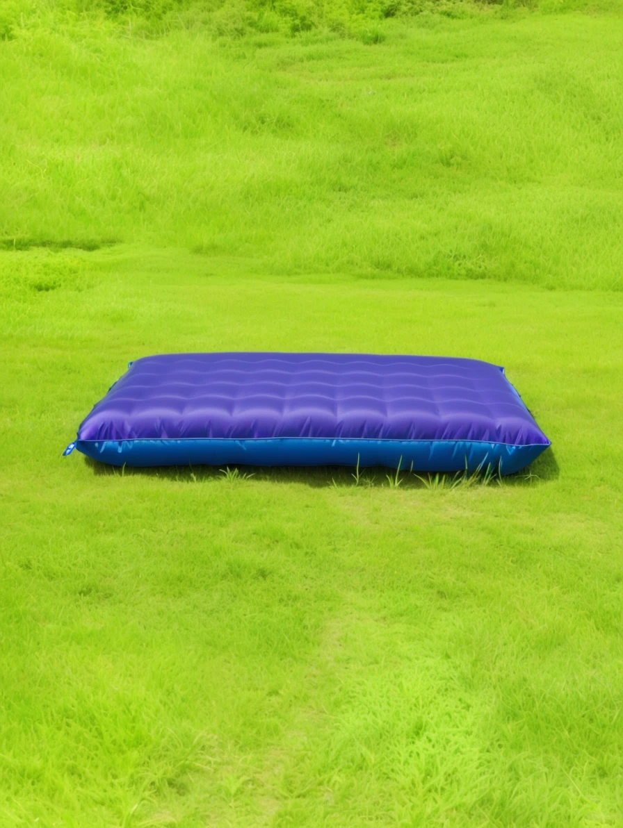 绿色背景grassland上的阿拉夫床垫, Inflatable, Convenient, sleeping bag, courtyard, Lying in the field, grassland, comfortable, purple, "High quality product image", camping, 躺在grassland上, The bed is not made, PVC, Synthetic, purple and blue leather, Outdoor ground, Rendering, product photo, Very high quality