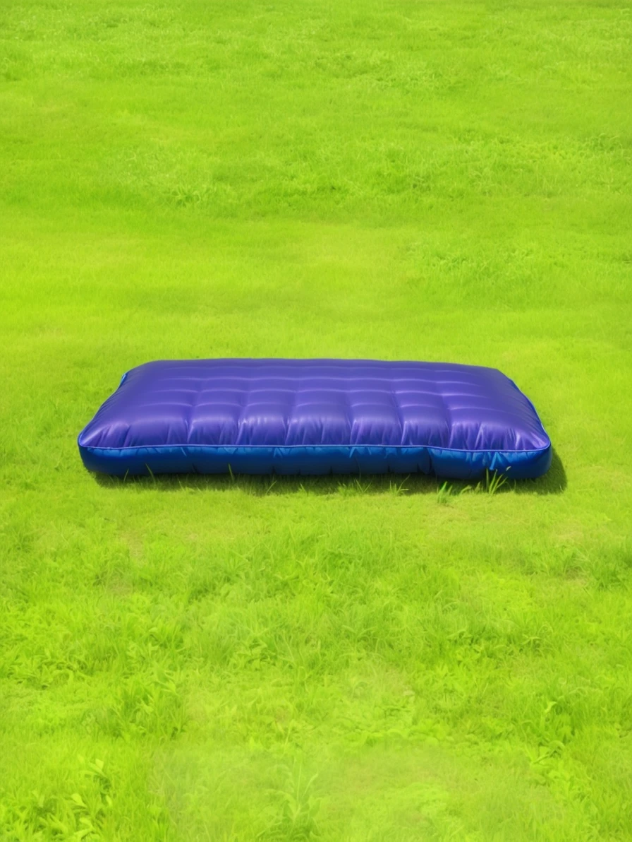 绿色背景grassland上的阿拉夫床垫, Inflatable, Convenient, sleeping bag, courtyard, Lying in the field, grassland, comfortable, purple, "High quality product image", camping, 躺在grassland上, The bed is not made, PVC, Synthetic, purple and blue leather, Outdoor ground, Rendering, product photo, Very high quality