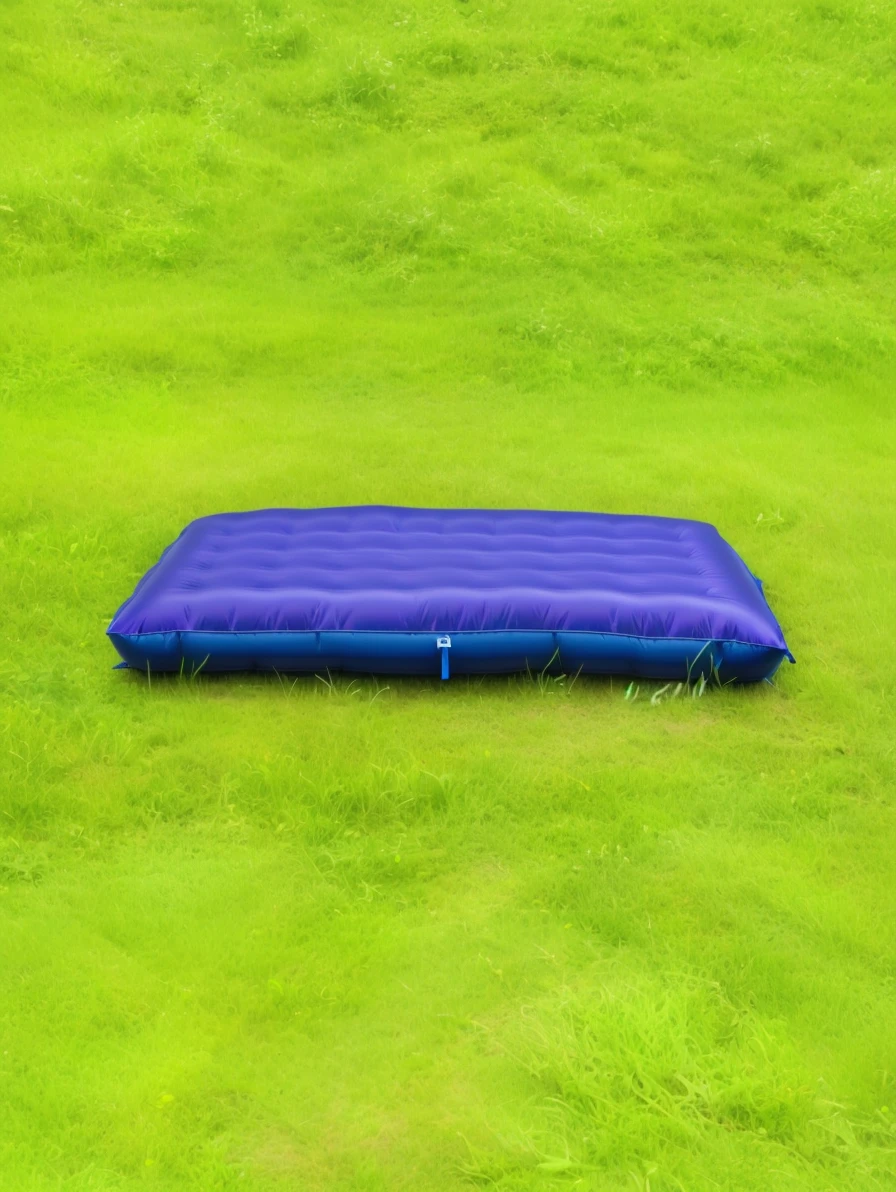 绿色背景grassland上的阿拉夫床垫, Inflatable, Convenient, sleeping bag, courtyard, Lying in the field, grassland, comfortable, purple, "High quality product image", camping, 躺在grassland上, The bed is not made, PVC, Synthetic, purple and blue leather, Outdoor ground, Rendering, product photo, Very high quality