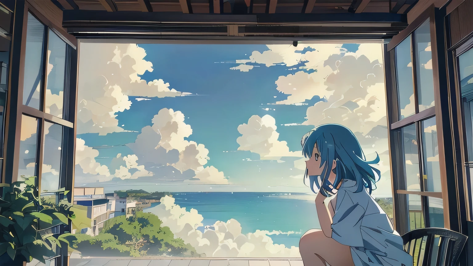 Anime girl sitting on a chair looking out the window at the sea, Overlooking the sea, Gazing at the sea, Gazing at the sea, 4k anime wallpaper, Anime Style 4k, anime wallpaper 4k, anime wallpaper 4k, Anime Art Wallpapers 8K, View of the sea, anime art wallpaper 4k, anime art wallpaper 4k