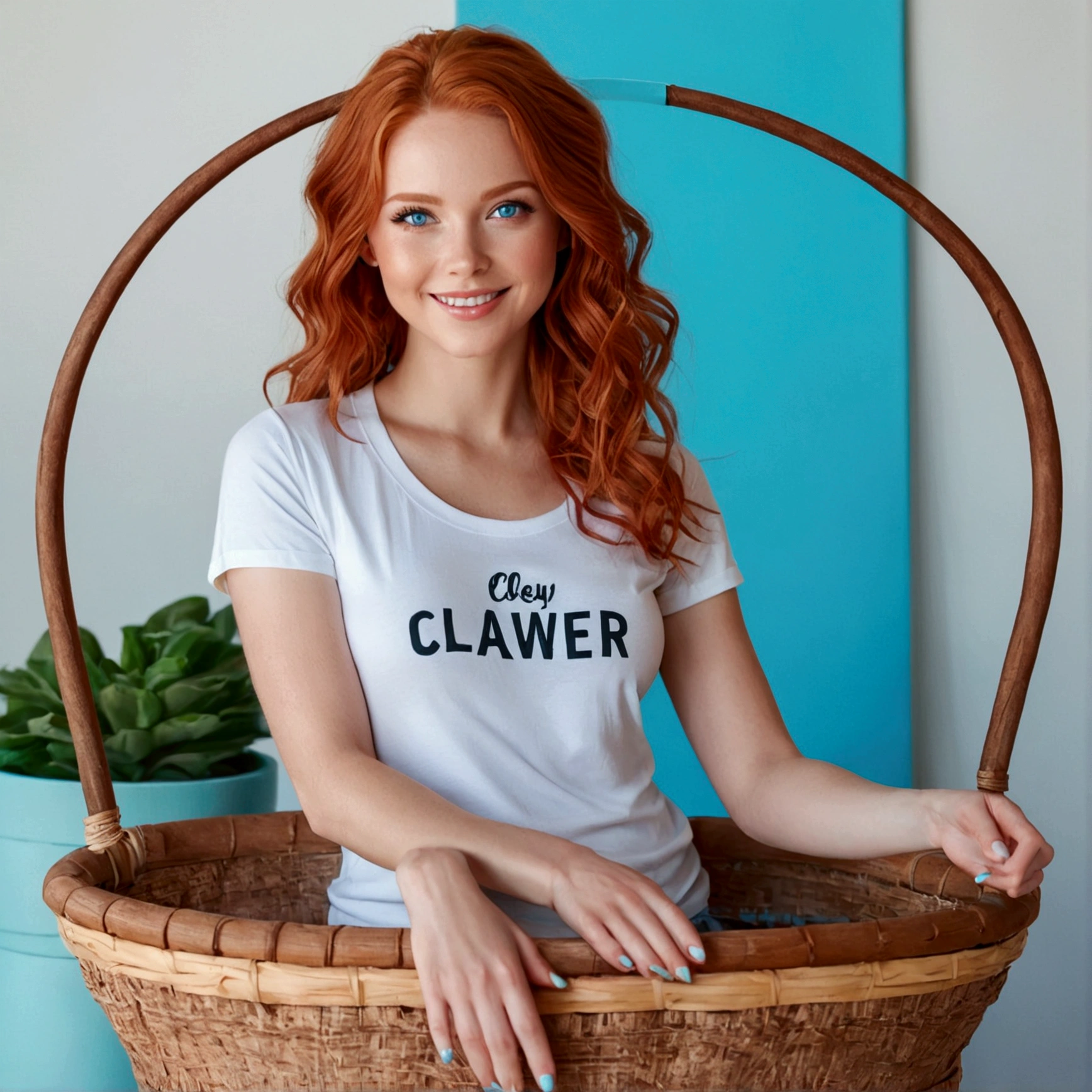 red-haired model with (light blue eyes), sits at the stand, in a bright stand basket, She has a belly-free, weises TShirt an, you only sit a little bit of the white slip, Her beautiful red hair is wavy and hangs down. in the (Foreground) you can see her flawless beautiful legs and you can see her two flawless, wonderful feet, with white nail polish. She smiles directly into the camera. flawless skin, flawless hands, natural face, detailed face, detailed hair, detailed hands, detailed feet, feminine figure, photorealestic, professional color grading, Hyperdetailed, hyper-realistic, small focal length, dazzling blue eyes. Photo 480 x 768.