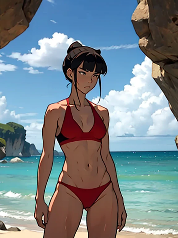 Mai in red and yellow bikini, 1 Girl, beach in background, slim athletic body, small A cup Breasts, flat breasts, flat chested, cameltoe, looking at the viewer, cartoon art style,