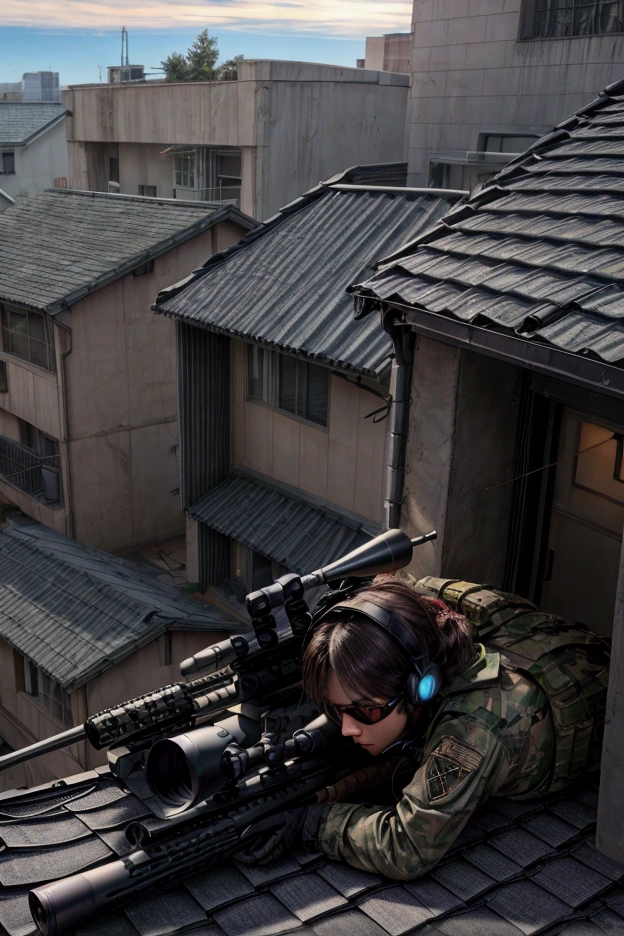 masterpiece,Highest quality,8k,High resolution,Raw photo,Professional,
Physically Based Rendering,Thin contours,
(Early morning building street,A sniper shoots at a target on the roof of another building:1.3),
He hides in a corner of the rooftop with his rifle at the ready. (The rifle is assembled)
(Lie face down with a rifle in hand),(Wearing a black headset),
(I&#39;m excited with anticipation),