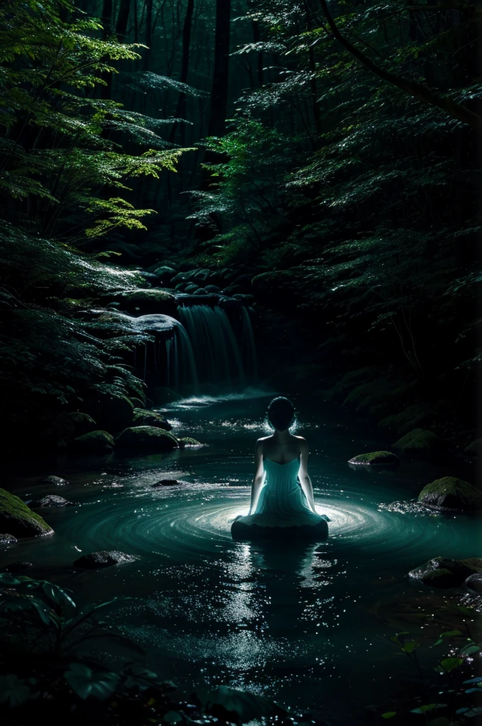 A glowing, white silhouette of a person gracefully floats above a small stream in a dense, dark forest at night. The figure's luminescence casts a soft glow on the surrounding trees and water, creating a mystical and ethereal atmosphere. Use dark blues and greens for the forest, with the glowing figure in pure white."