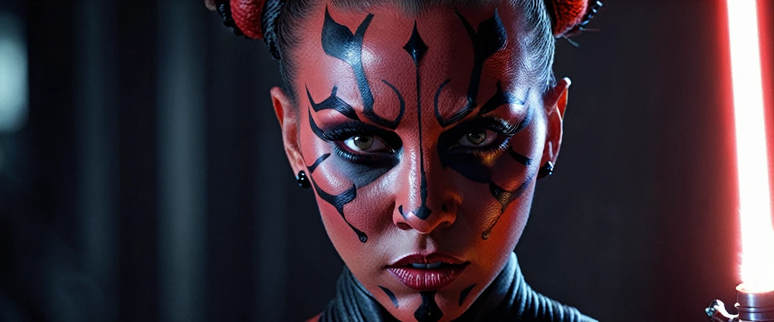 cinematic star wars, female darth maul, topless, naked, light sabber . dramatic fithing poses. full body shoot. intricate detailed face, beautiful detailed eyes, beautiful detailed lips, extremely detailed face and eyes, long eyelashes, dramatic lighting, cinematic composition, moody color palette, dramatic shadows, sci-fi, , 8k, ultra-detailed, photorealistic